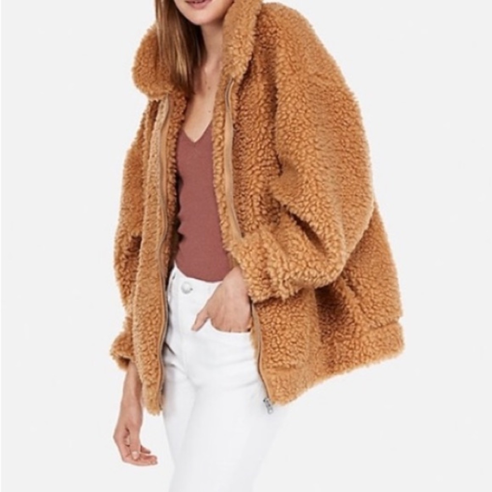 Express Camel Cozy Teddy Jacket Brown Tan Sherpa Fleece Oversized Zip Size XS